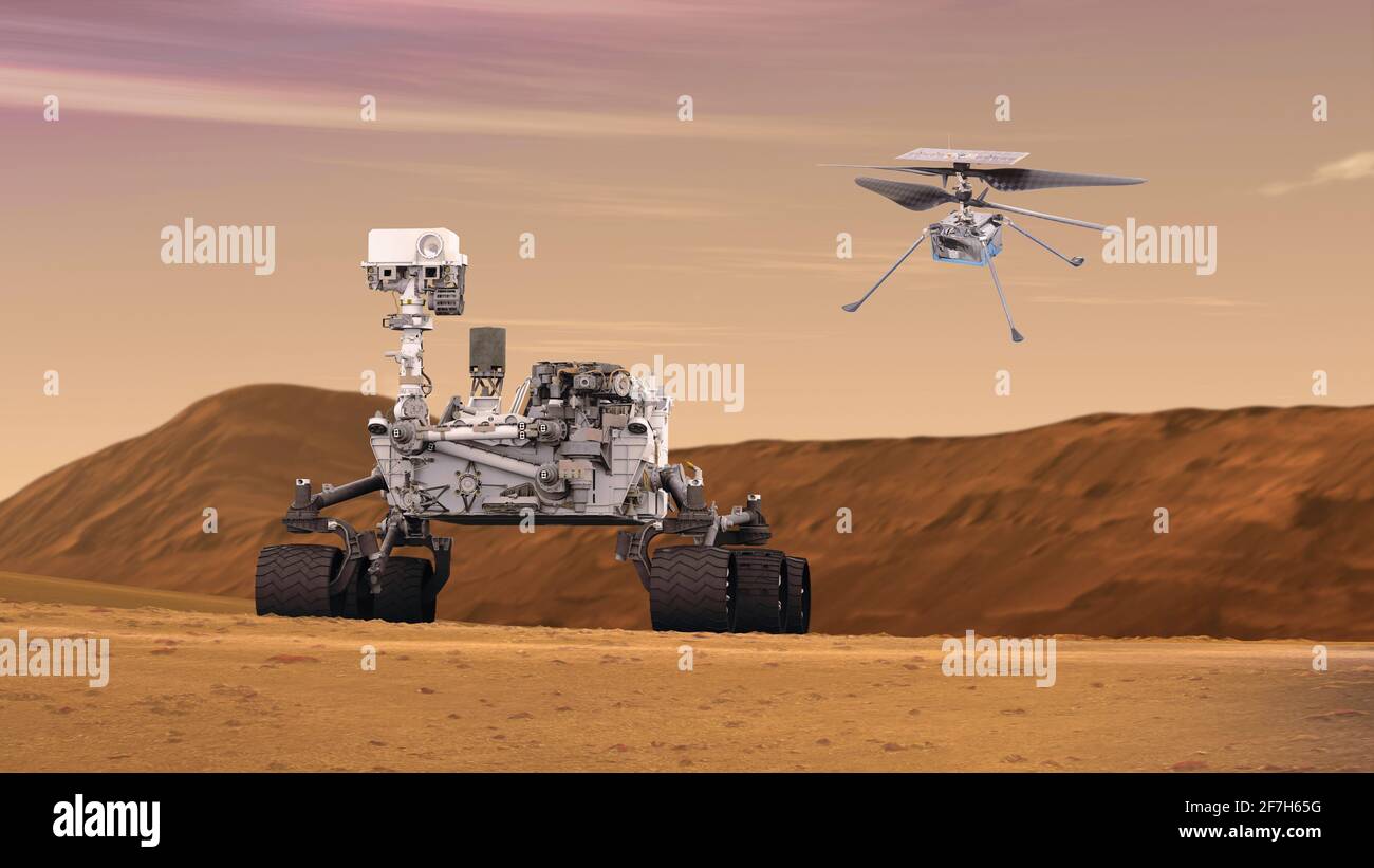 L'ingegno dell'elicottero e Mars Rovers sbarcati pianeta rosso. Elementi di questa immagine forniti dalla NASA Foto Stock
