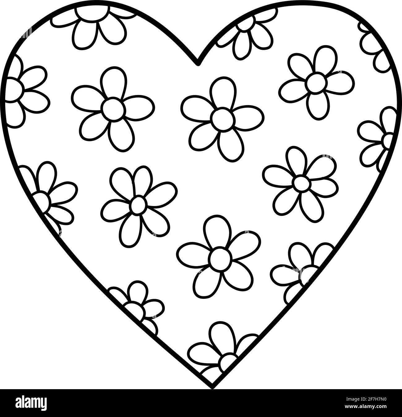 Icona del motivo del fiore del cuore, disegnata a mano e stile del contorno Illustrazione Vettoriale