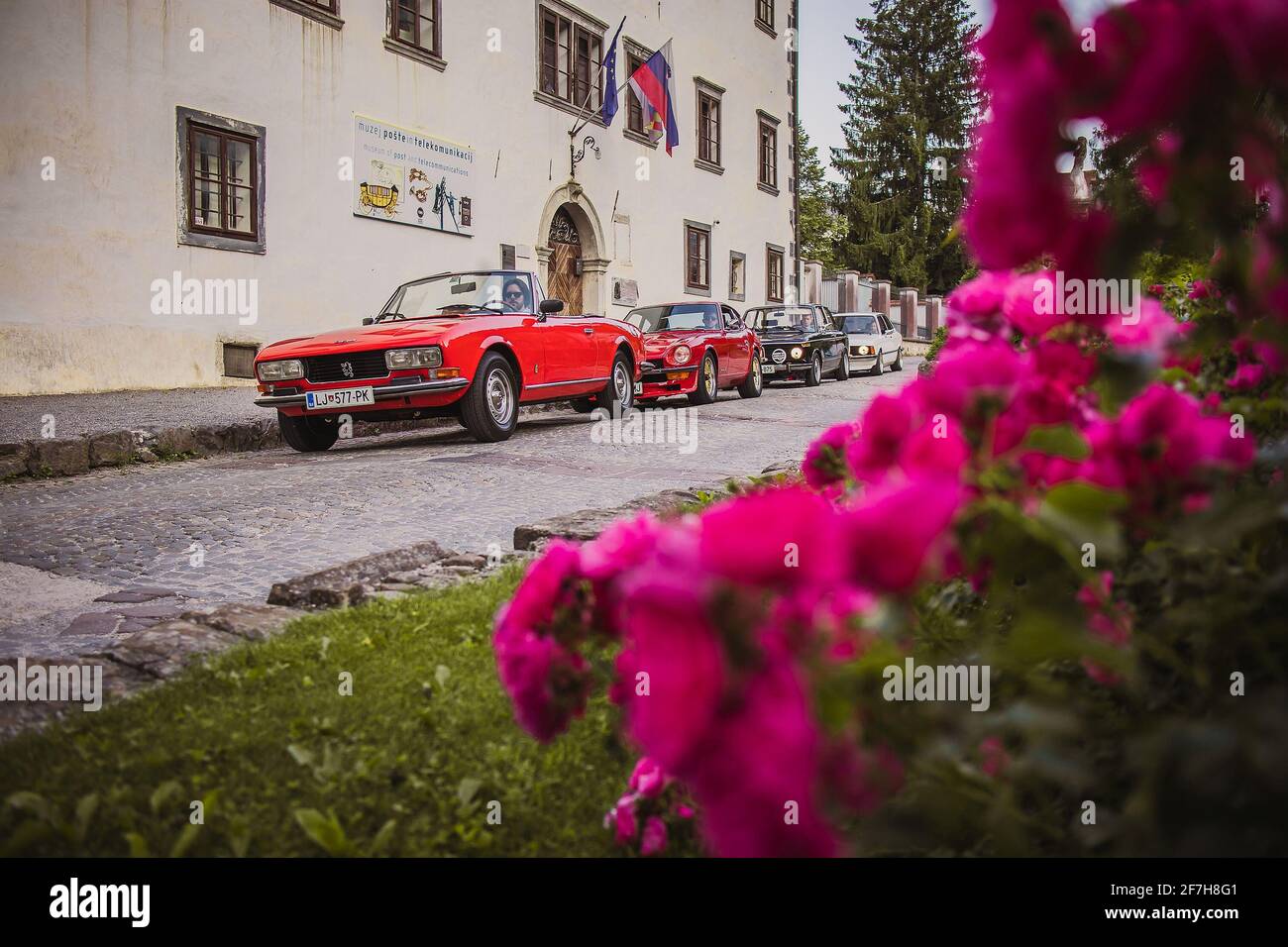 Polhov Gradec, Slovenia, 25.6.2019: Un gruppo di vecchie auto d'epoca, tra cui Datsun 240Z, Opel Manta B, Peugeot 504 e BMW E21 325 e 2002 tii, su a d Foto Stock