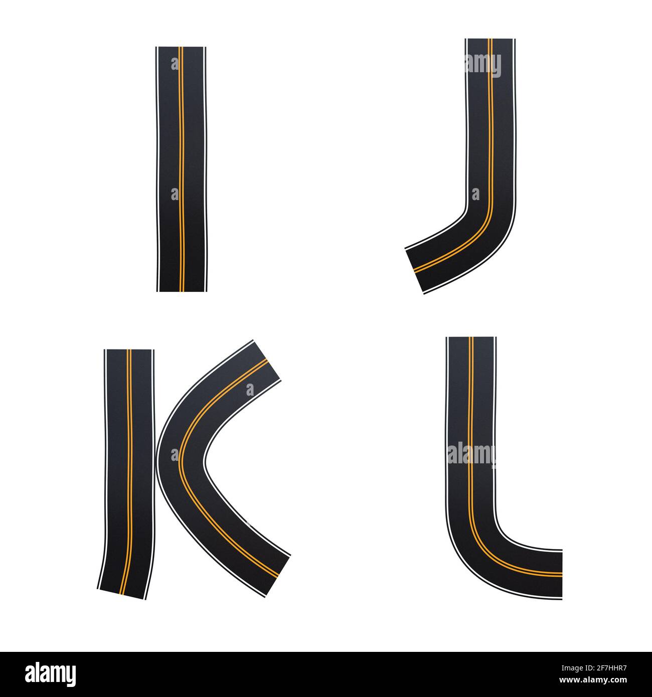 Rappresentazione 3D dell'alfabeto delle strade asfaltate - lettere i-L. Foto Stock