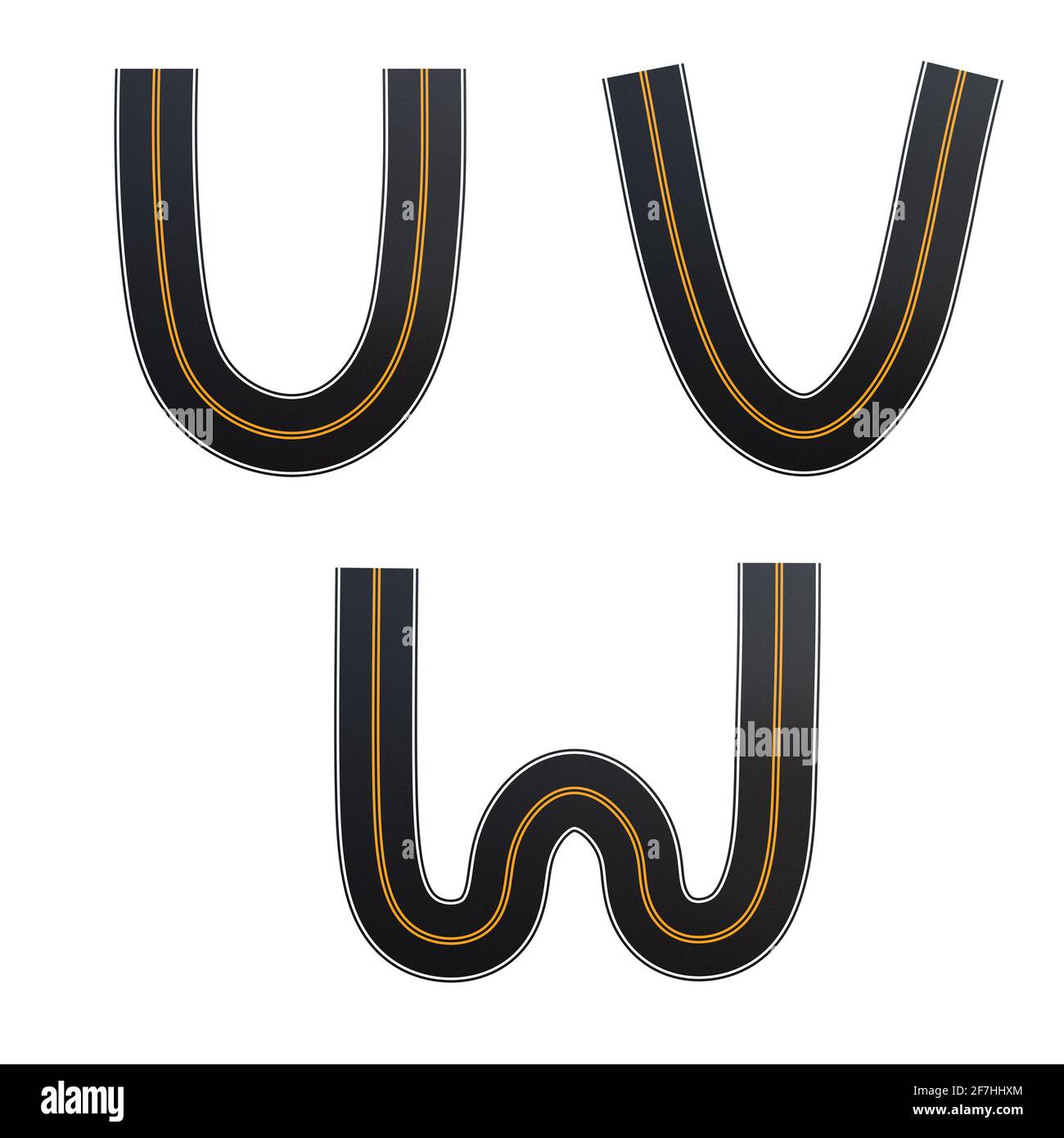 Rappresentazione 3D dell'alfabeto delle strade asfaltate - lettere U-W. Foto Stock