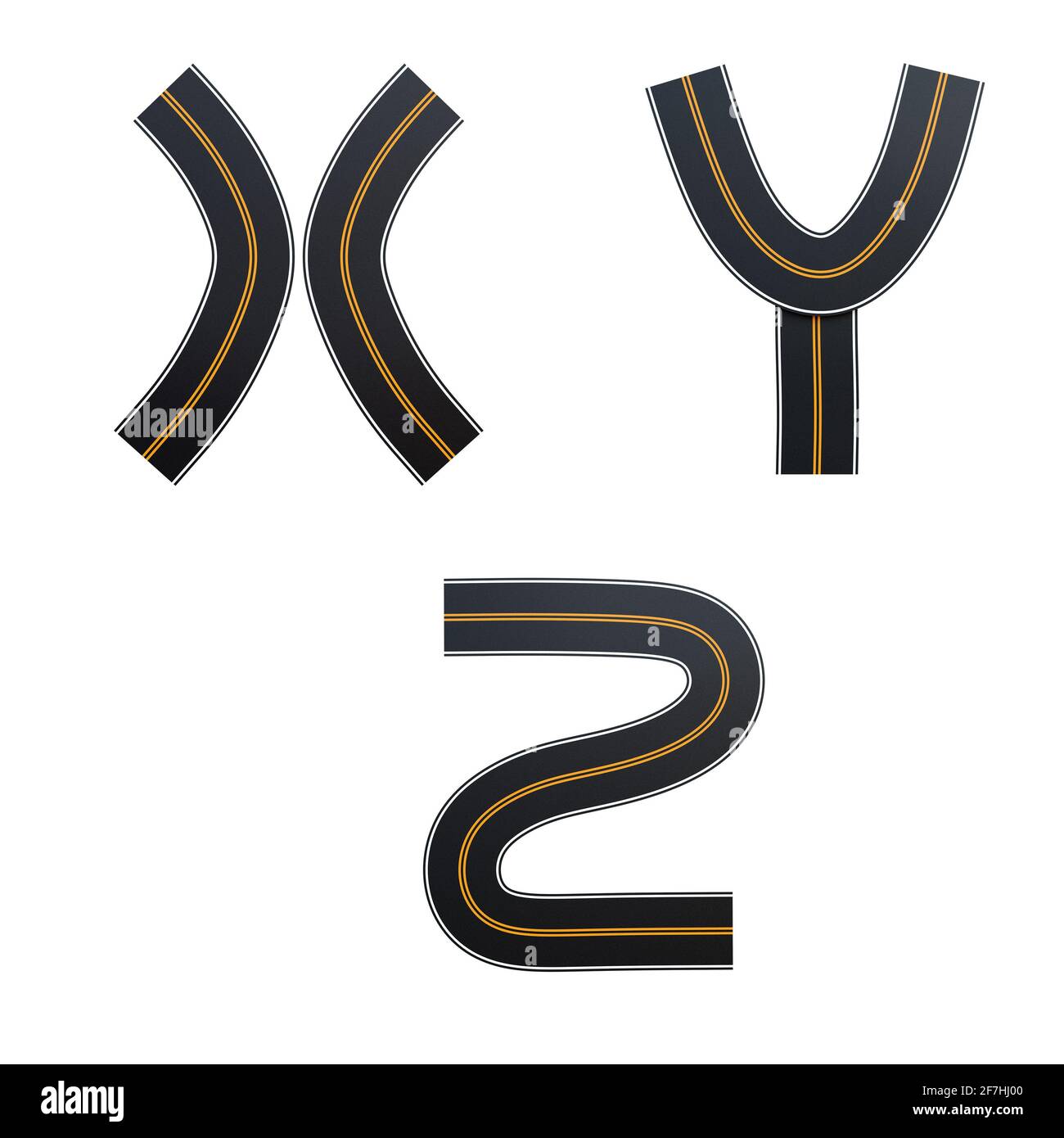 Rappresentazione 3D dell'alfabeto delle strade asfaltate - lettere X-Z Foto Stock
