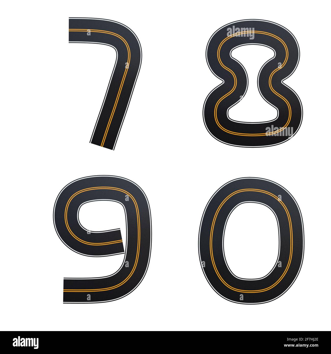 Rappresentazione 3D dell'alfabeto delle strade asfaltate - cifre 7-0 Foto Stock