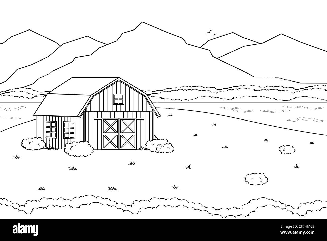 Bianco nero Vector contorno cartoon estate primavera paesaggio campagna scena con campo casa fiume illustrazione. Granaio rosso con doodle disegnato a mano Illustrazione Vettoriale