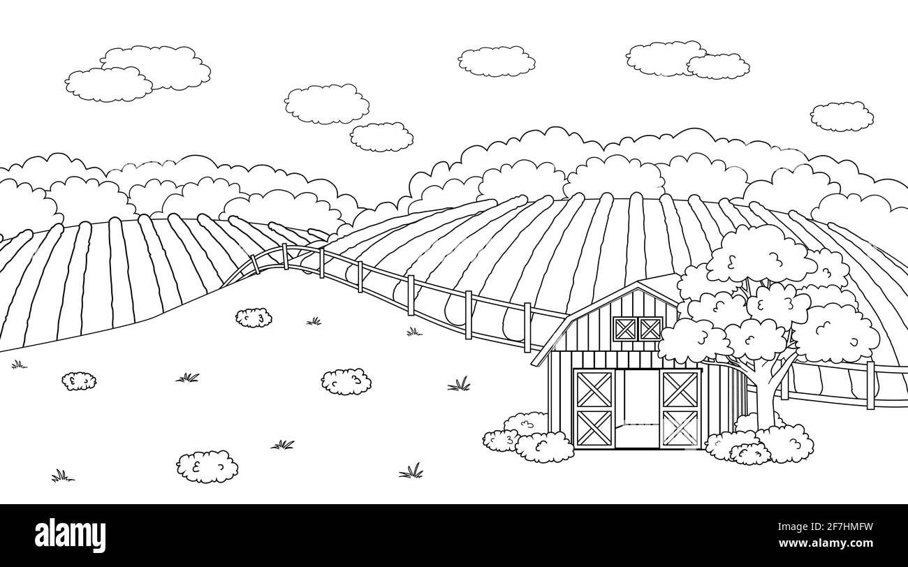 Bianco nero estate primavera fattoria doodle concetto in campagna. Vettore Cartoon carino fienile rosso con porte aperte, nubi recinzioni, campo, piantagioni piantate Illustrazione Vettoriale