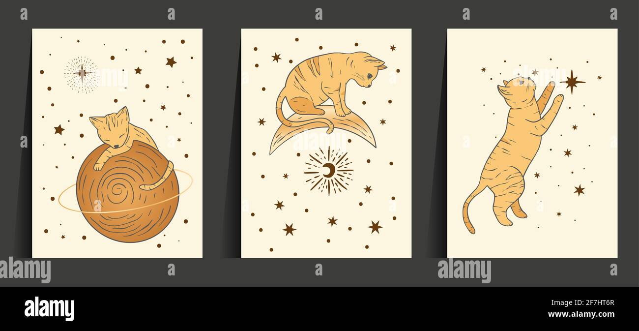 Fantasy gatto astrologia celestiale nursery art. Boho esoteric card set. Collezione Golden art moon e STAR Magic Vector. Illustrazione Vettoriale