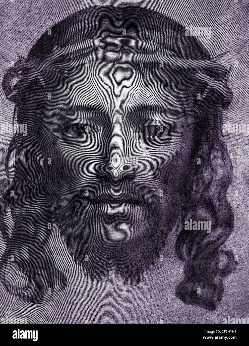 Un'incisione del volto di Cristo creata nel 1649 da Claude Mellan dal titolo 'il velo di San Veronica'. L'immagine originale è stata colorata digitalmente. Foto Stock