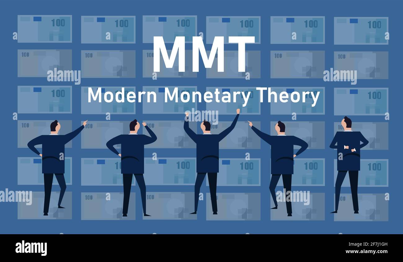 MMT concetto di teoria monetaria moderna di stampare denaro senza rischio di economia dell'inflazione dollaro affari globali Illustrazione Vettoriale