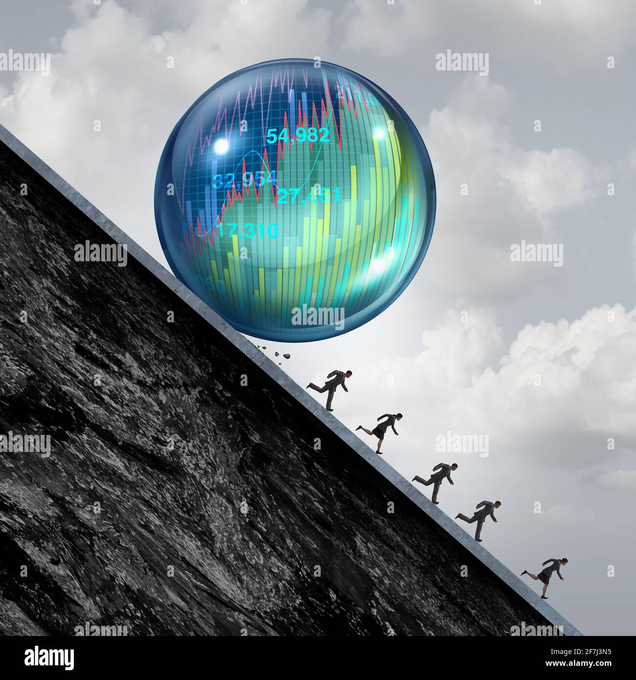 Bolla economica stress e scoppio finanziario o come una speculazione di business del mercato azionario con il concetto di venditori brevi di persone d'affari che scappare. Foto Stock