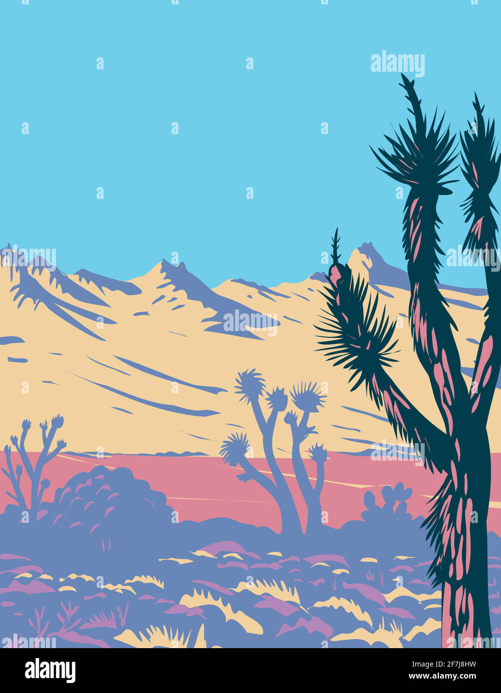 WPA Poster Art della catena montuosa del Castello e Joshua Albero nel deserto di Mojave all'interno del Castello Montagne National Monument San Bernardino County Cali Illustrazione Vettoriale