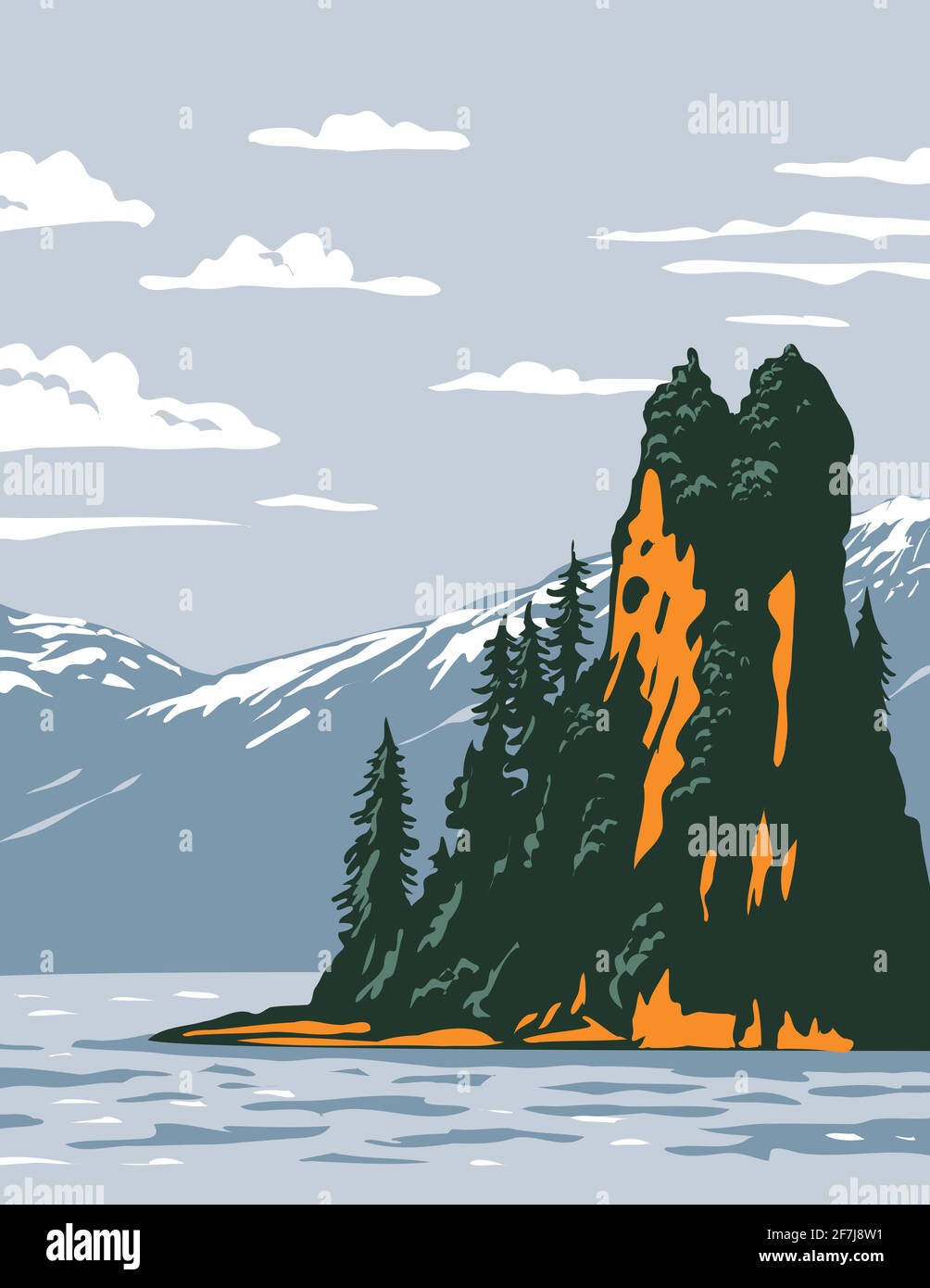 WPA Poster Art of the New Eddystone Rock situato nel Misty Fjords National Monument parte della Tongass National Forest a Ketchikan, Alaska fatto in WO Illustrazione Vettoriale