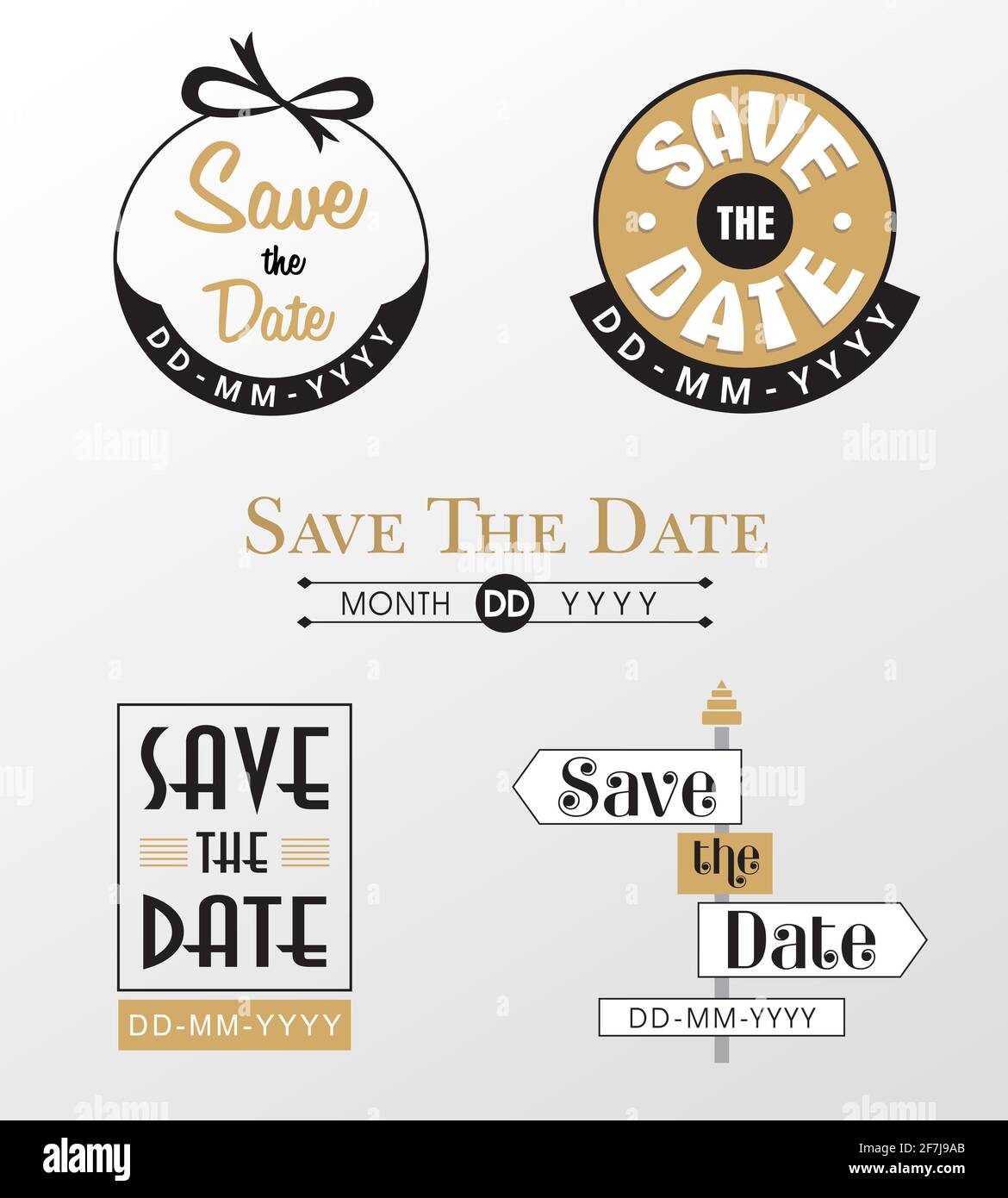 Salva il logo Date Golden Black in design circolare e rettangolare, 5 design Pack in stile moderno per matrimoni e fidanzamento Illustrazione Vettoriale