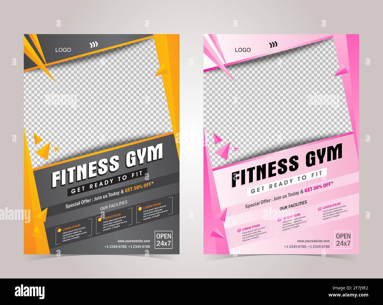 Rosa, arancione e nero colore fitness body building e gym flyer A4 modello di dimensione creativo con foto. Illustrazione Vettoriale