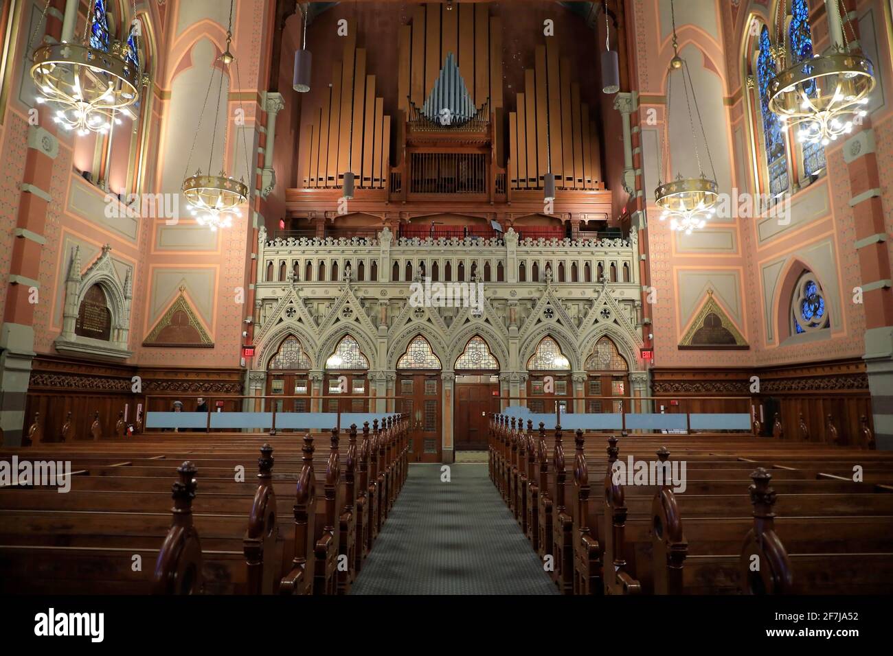 Schermo narthex e organo all'interno della Old South Church.Back Bay.Boston.Massachusetts.USA Foto Stock