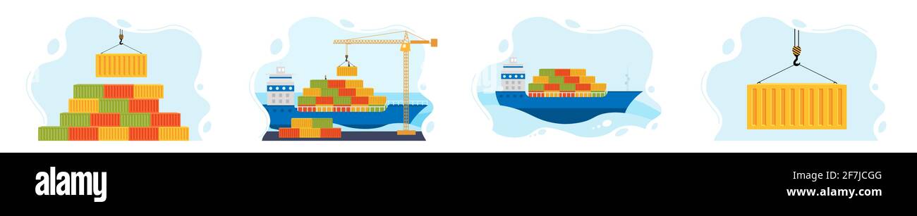 consegna del carico in tutto il mondo via acqua. Carico e scarico del carico, la nave marittima naviga sull'oceano. Set concetto di trasporto merci via mare. Trasporto merci Illustrazione Vettoriale