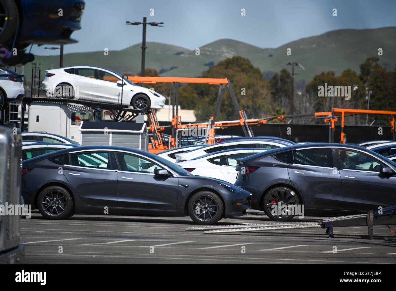 Panoramica generale dei veicoli Tesla caricati sui veicoli industriali, domenica 21 marzo 2021 a Fremont, California (Dylan Stewart/Image of Sport) Foto Stock