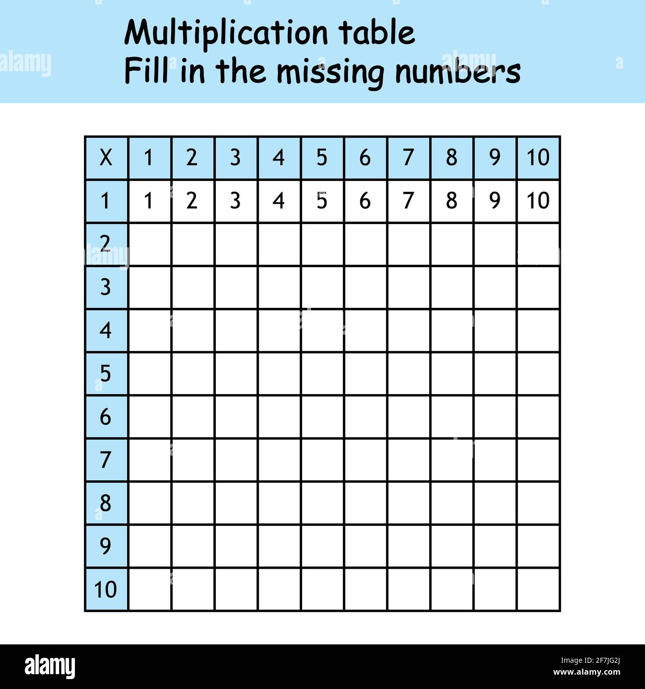 Quadrato di moltiplicazione. Incollare i numeri mancanti. Illustrazione vettoriale della scuola con cubi colorati. Tabella di moltiplicazione. Poster per la formazione dei bambini Illustrazione Vettoriale