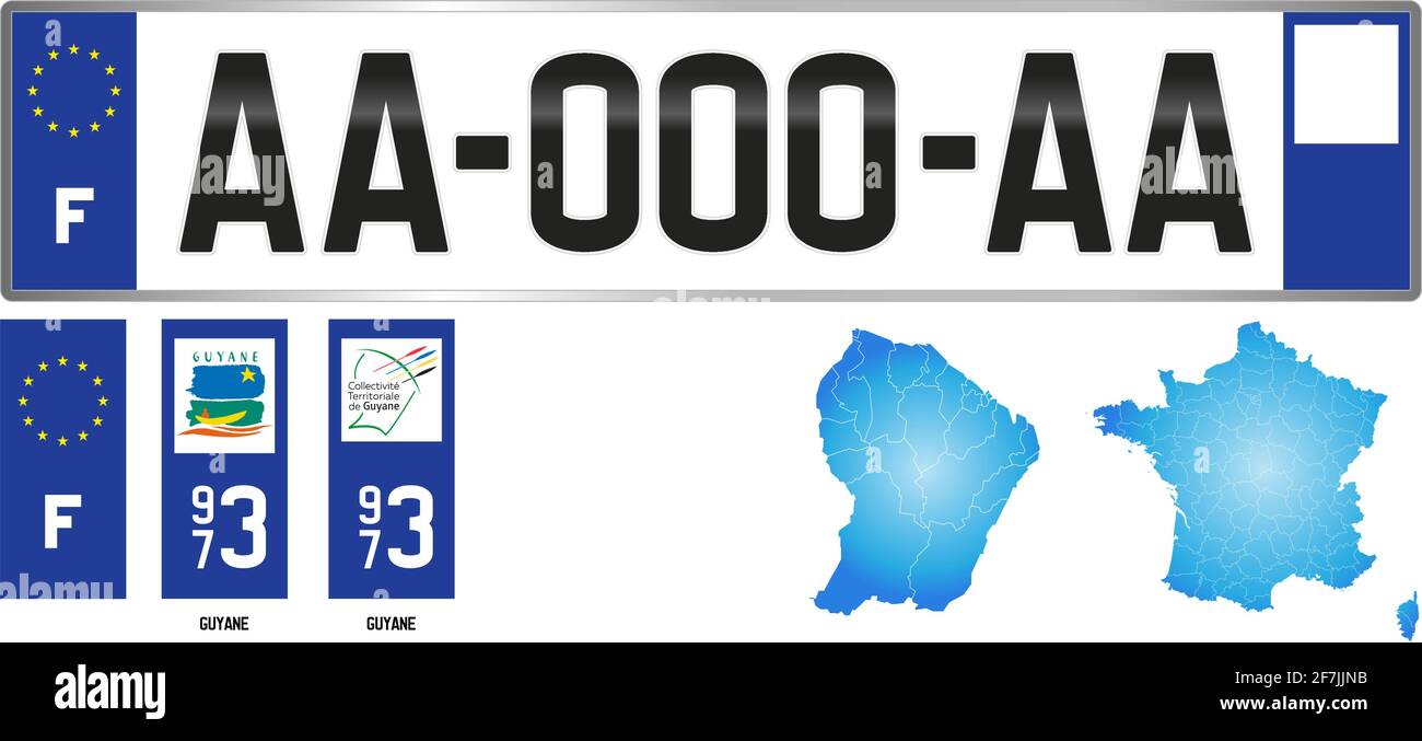 Guyane, Francia, modello della targa regionale francese, dettaglio dell'etichetta laterale del dipartimento, illustrazione vettoriale, esempio di numerazione Illustrazione Vettoriale