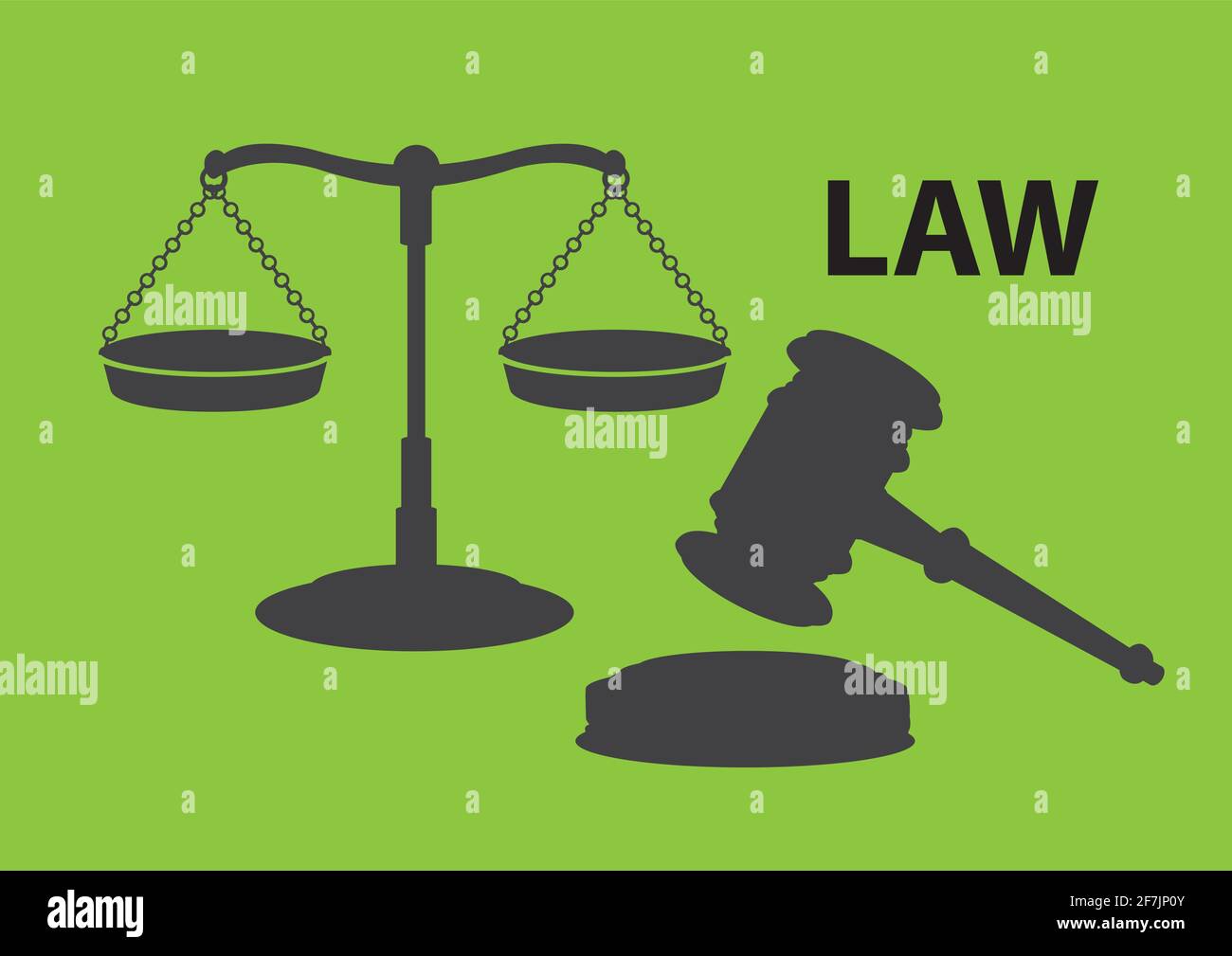 Silhouette di bilancia in equilibrio insieme con gavel e blocco sonoro. Illustrazione vettoriale del concetto di legge e giustizia isolato su semplice gree Illustrazione Vettoriale