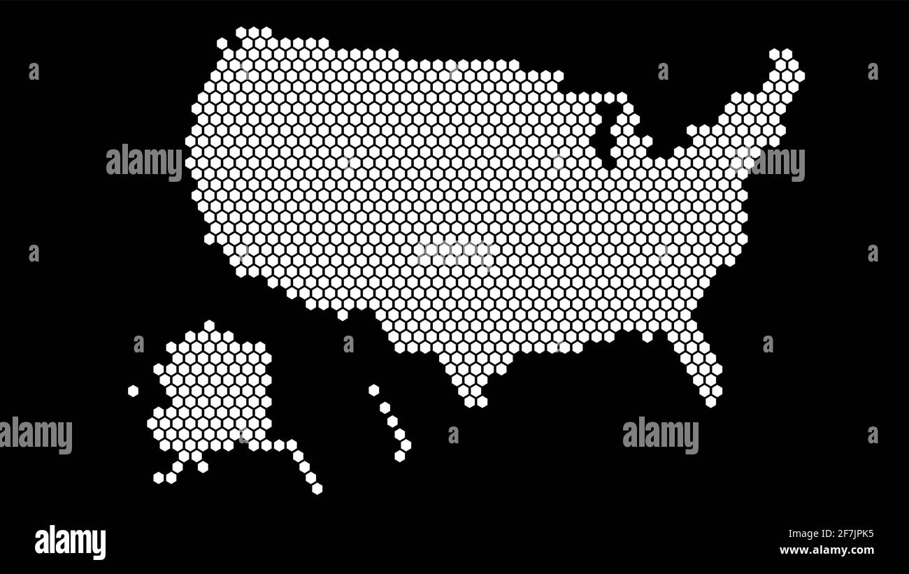 Mappa in pixel esagonali in bianco e nero degli Stati Uniti. Illustrazione vettoriale degli Stati Uniti Mappa esagonale mosaico punteggiato. America confine amministrativo, terra compositivi Illustrazione Vettoriale