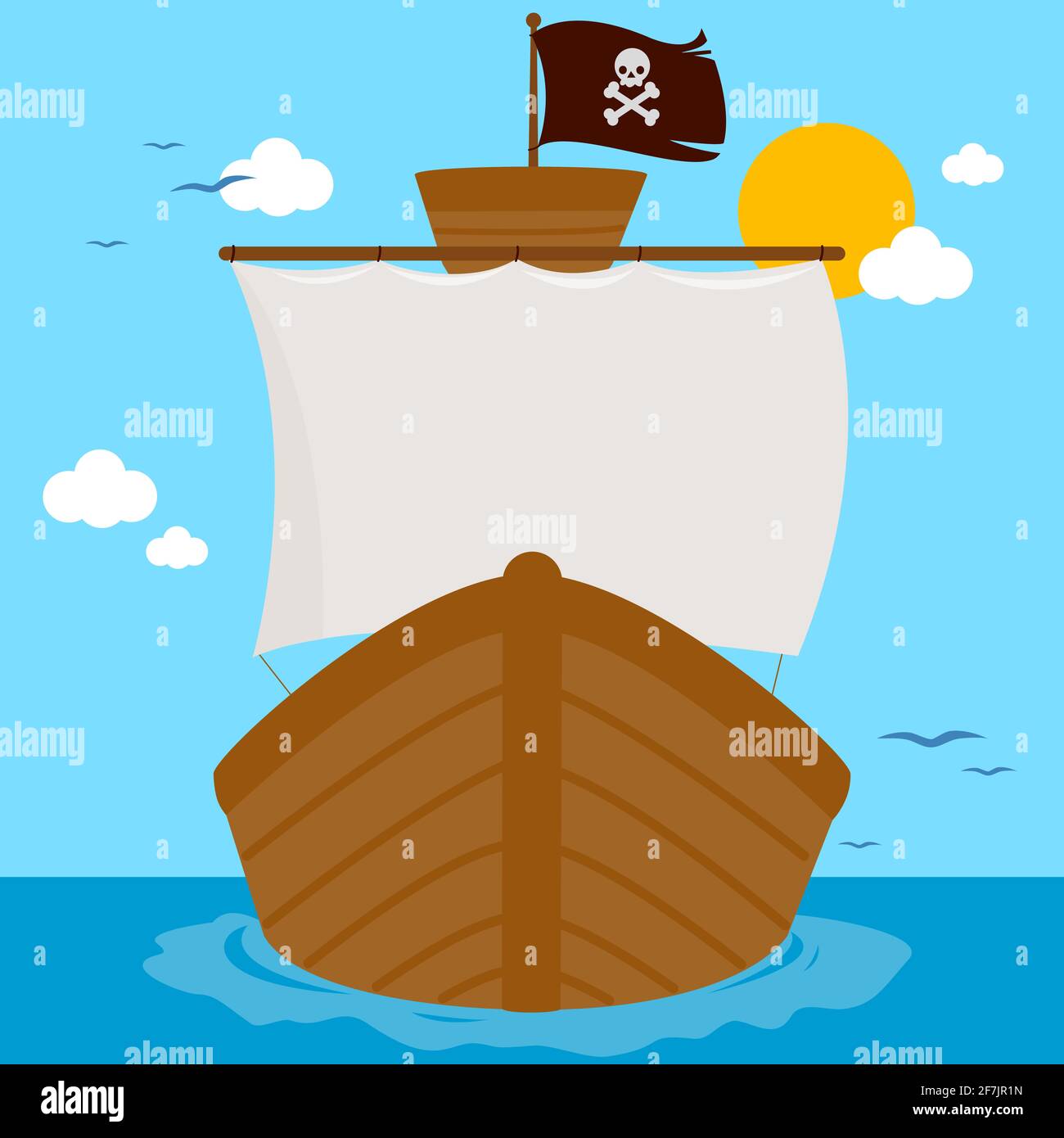 Sfondo avventura nautica sull'oceano con nave pirata con vele bianche e bandiera pirata che naviga in mare. Nave pirata che galleggia sull'acqua dell'oceano. Foto Stock
