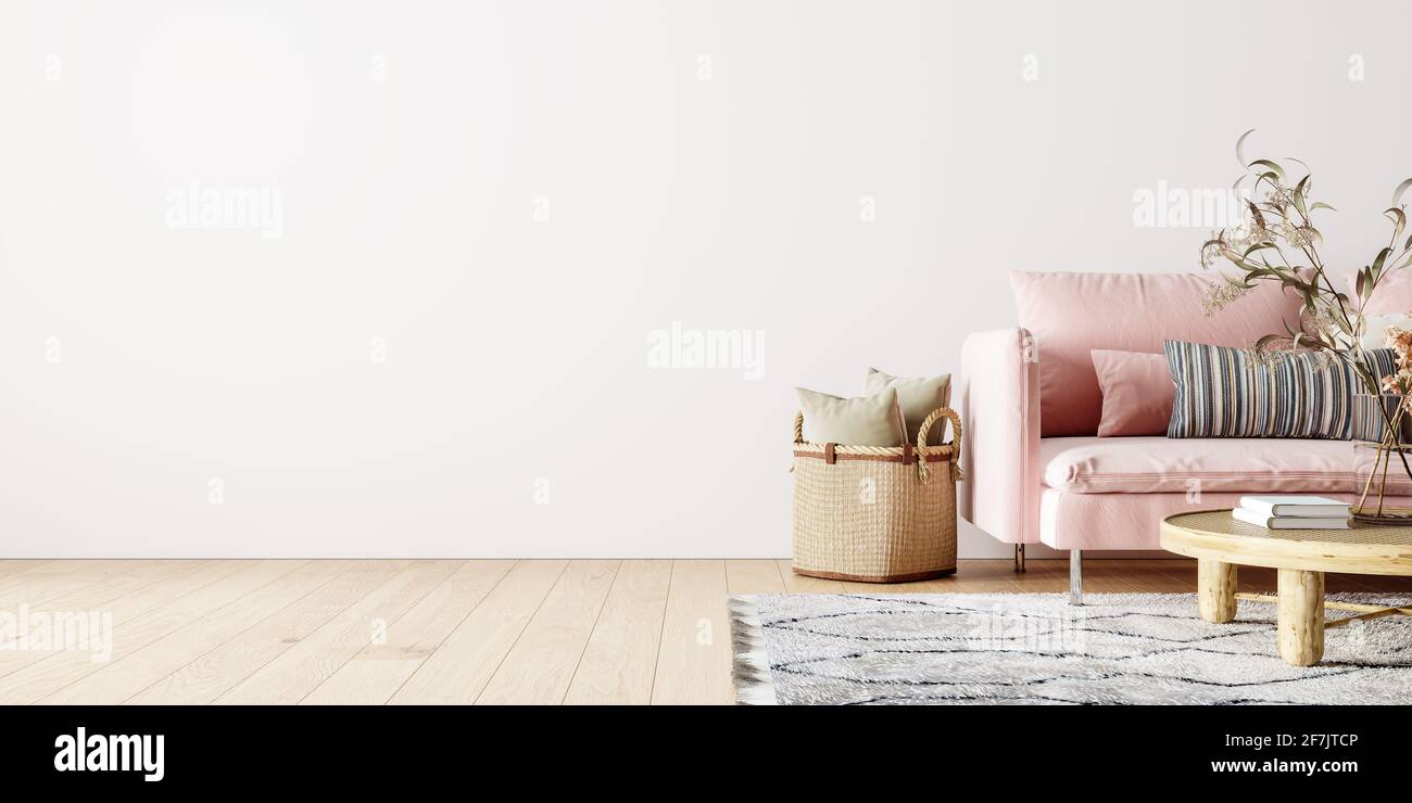 Interni dal design moderno del soggiorno con divano rosa, decorazioni con piante secche e pareti bianche vuote mock up sfondo 3D rendering, illustrazione 3D Foto Stock