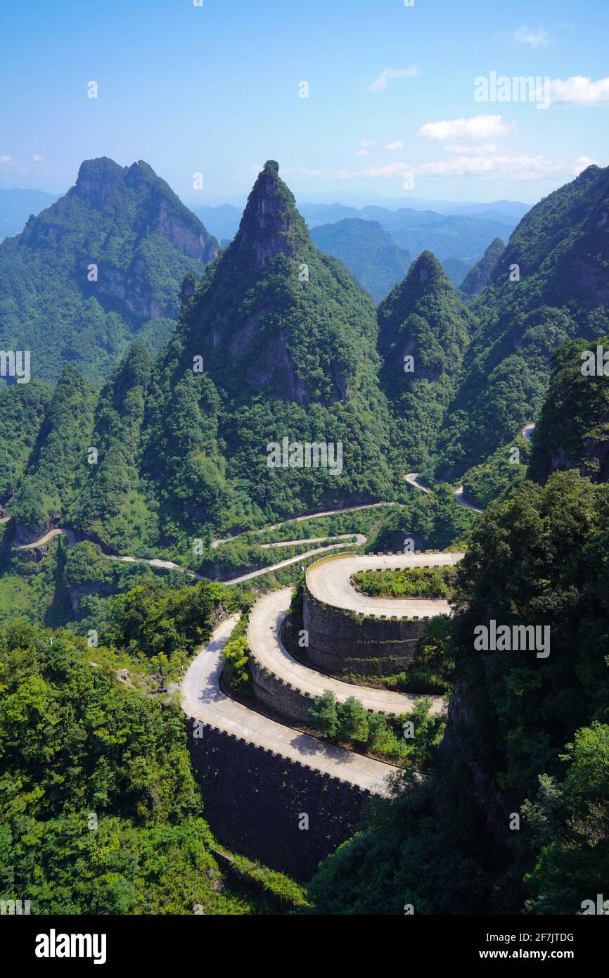 Piccole strade di montagna si arrampicano su e giù tra la valle verde nel parco forestale nazionale Zhangjiajie. Foto Stock