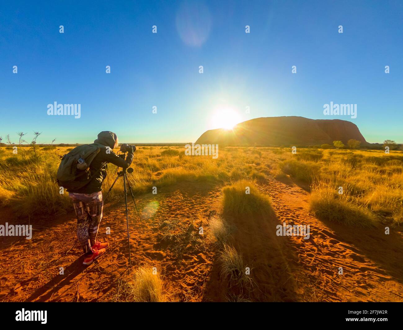 Uluru Ayers Rock fotografo silhouette all'alba. Fotografa donna scattando foto con treppiede nel Parco Nazionale di Uluru-Kata Tjuta. Raggi solari in Foto Stock