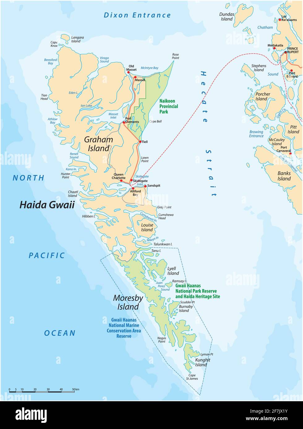 Mappa dell'arcipelago di Haida Gwaii al largo della costa della Columbia Britannica, Canada Illustrazione Vettoriale