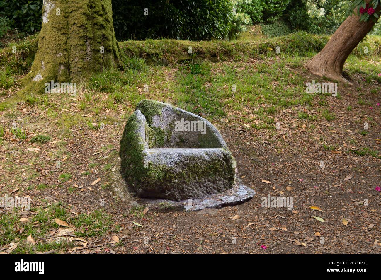 Sedia Druids fatta da granito solido, è stata chiamata anche sede del re Artù. Un pozzo santo del 15 ° secolo chiamato bene Menacuddle. St Austell Foto Stock