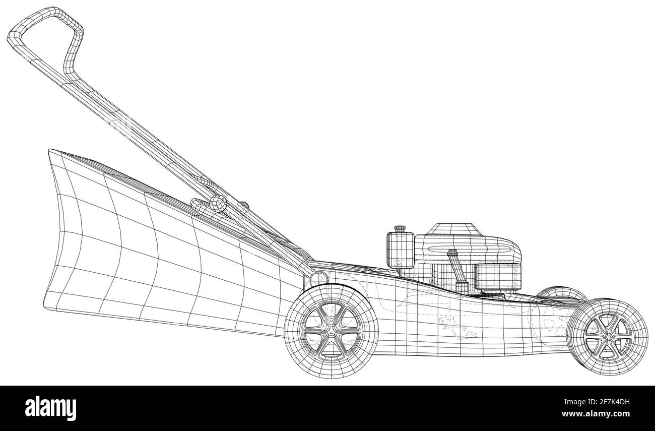 Potente tosaerba. Attrezzatura da giardinaggio tagliaerba. Vettore creato di 3d, wire-frame Illustrazione Vettoriale