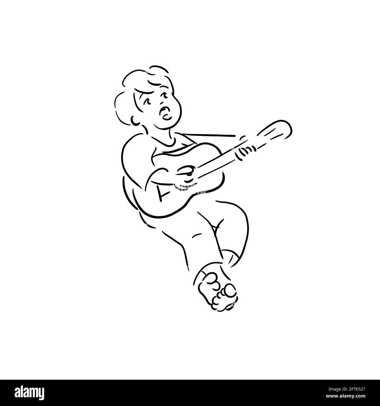 Ragazzo seduto a piedi nudi giocando Guitar scollegato Song Sing devozione Amore Illustrazione del libro dei bambini Musician Music Design Vector Logo Bianco Nero Foto Stock