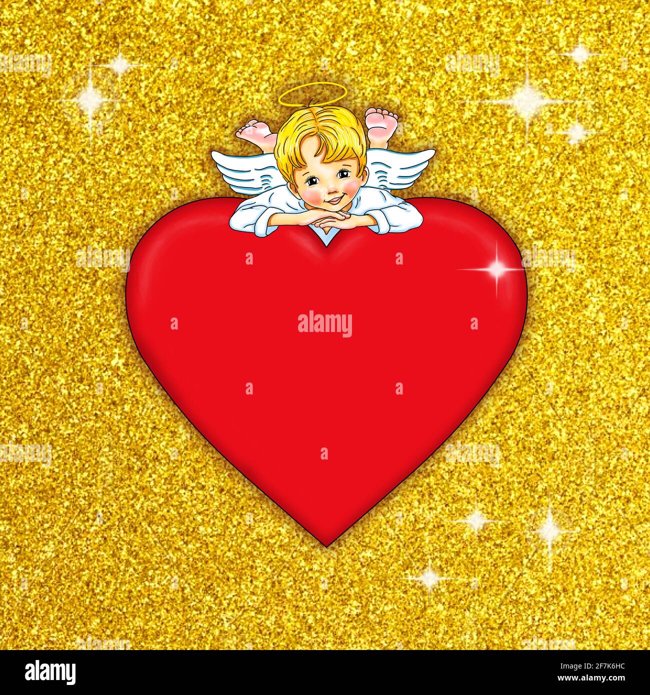 Template angelo a piedi nudi cute dolce grazioso cuore rosso oro glitter scintillante layout anniversario design gioia felice biglietto di auguri dire valenti Foto Stock