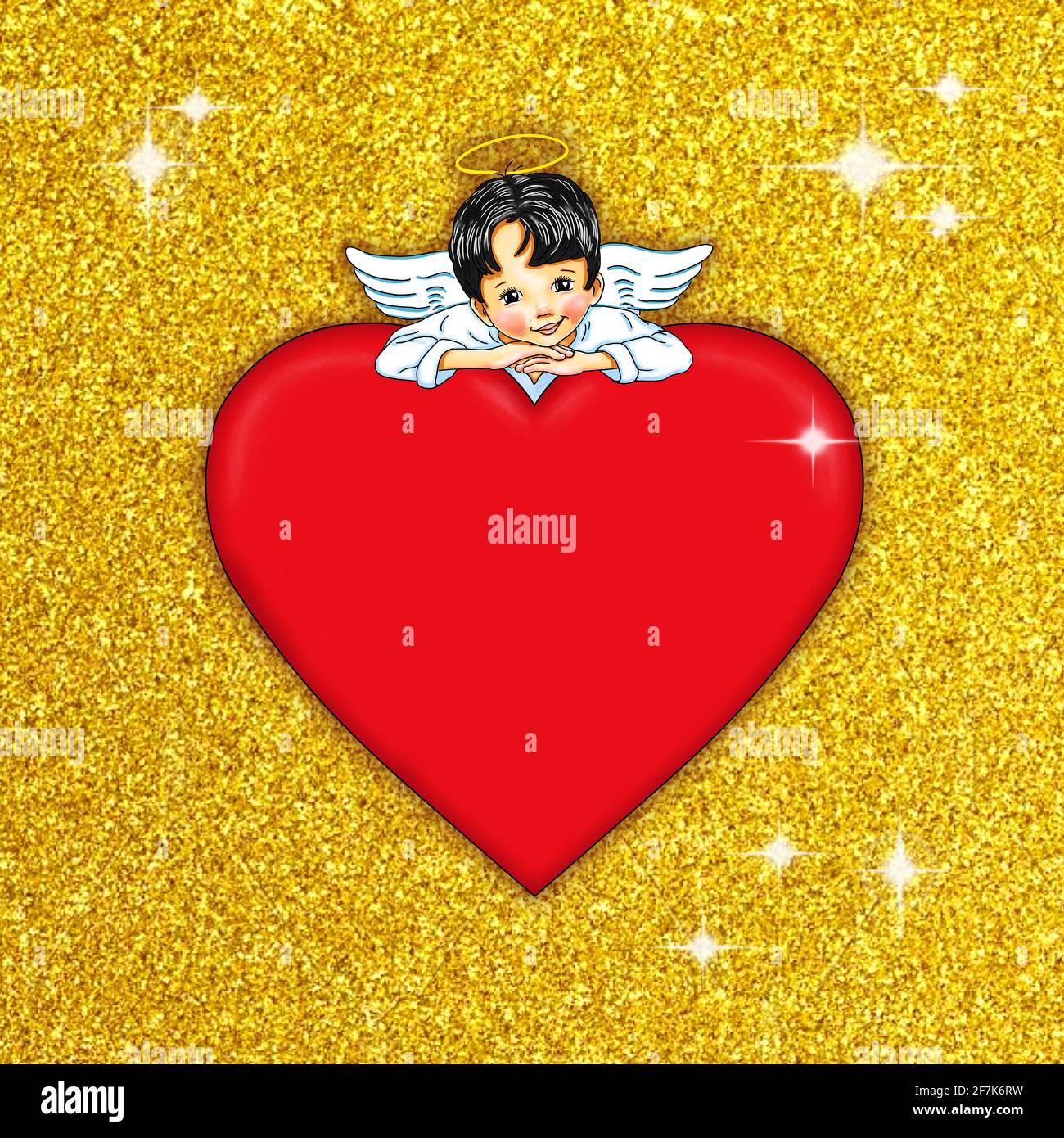 Template angelo a piedi nudi cute dolce grazioso cuore rosso oro glitter scintillante layout anniversario design gioia felice biglietto di auguri dire valenti Foto Stock