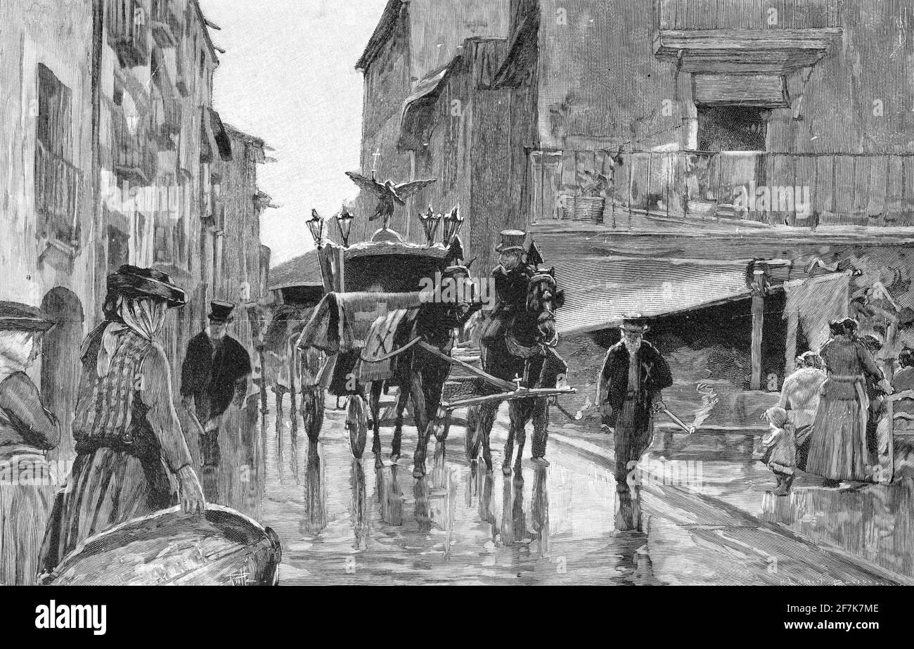 Processione funebre con un cuore trainato da cavalli su una strada nella città di Lisbona, osservazione degli spettatori, Lisbona, Portogallo, Europa Foto Stock