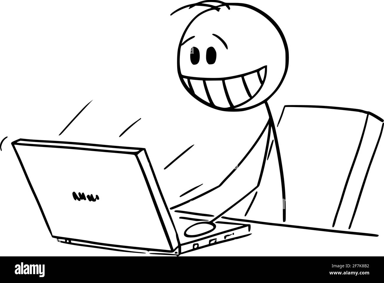 Felice uomo sorridente o uomo d'affari che lavora sul computer in ufficio, Vector Cartoon Stick Figura Illustrazione Illustrazione Vettoriale