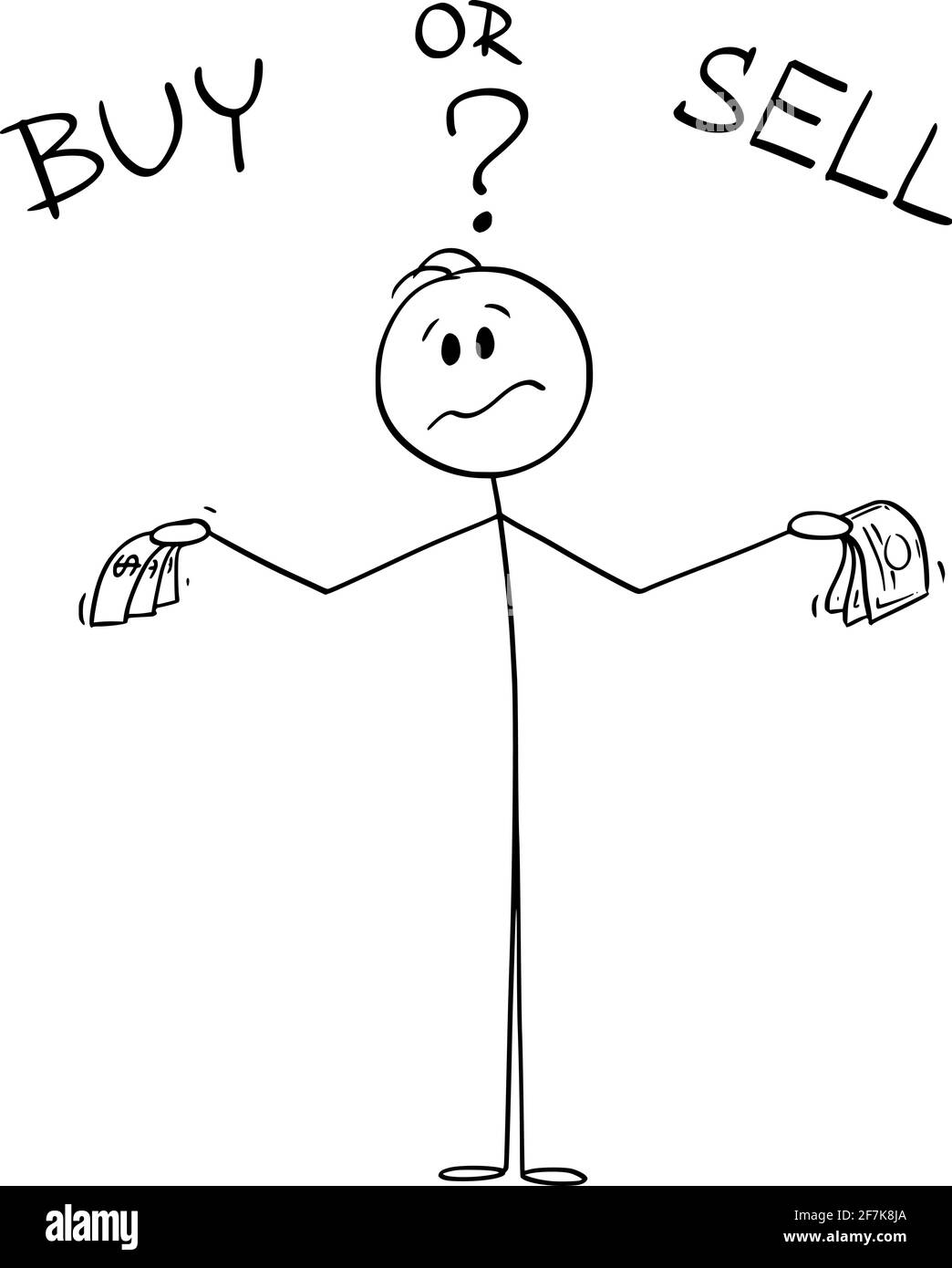 Comprare o vendere, uomo d'affari o investitore sta pensando alle finanze, Vector Cartoon Stick Figura Illustrazione Illustrazione Vettoriale