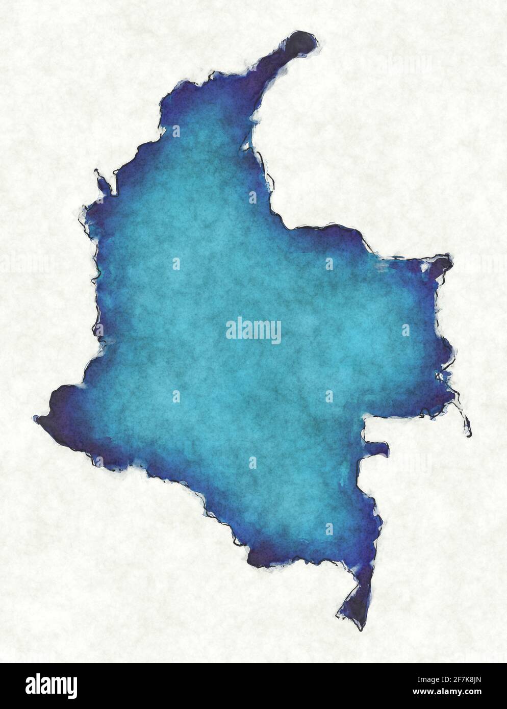 Mappa della Colombia con linee tracciate e illustrazione blu dell'acquerello Foto Stock