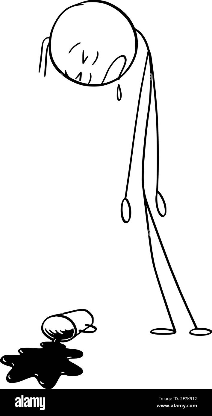 Uomo, lavoratore o uomo d'affari addormentato o addormentato in piedi, tazza di caffè versato nel terreno, Vector Cartoon Stick figura Illustrazione Vettoriale