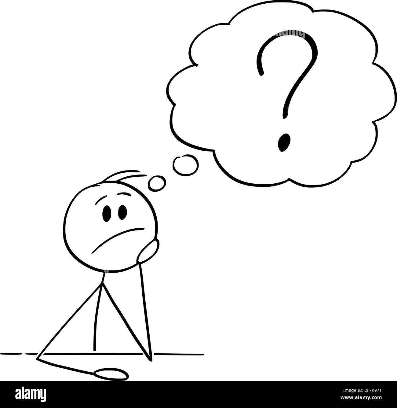 Uomo o uomo d'affari seduto dietro la scrivania pensando alla domanda Risposta, Vector Cartoon Stick Figura Illustrazione Illustrazione Vettoriale