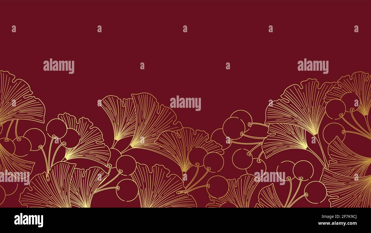 Carta da parati di lusso Gold linea art ginkgo bacche e foglie su uno sfondo in borgogna con spazio per la copia Illustrazione Vettoriale