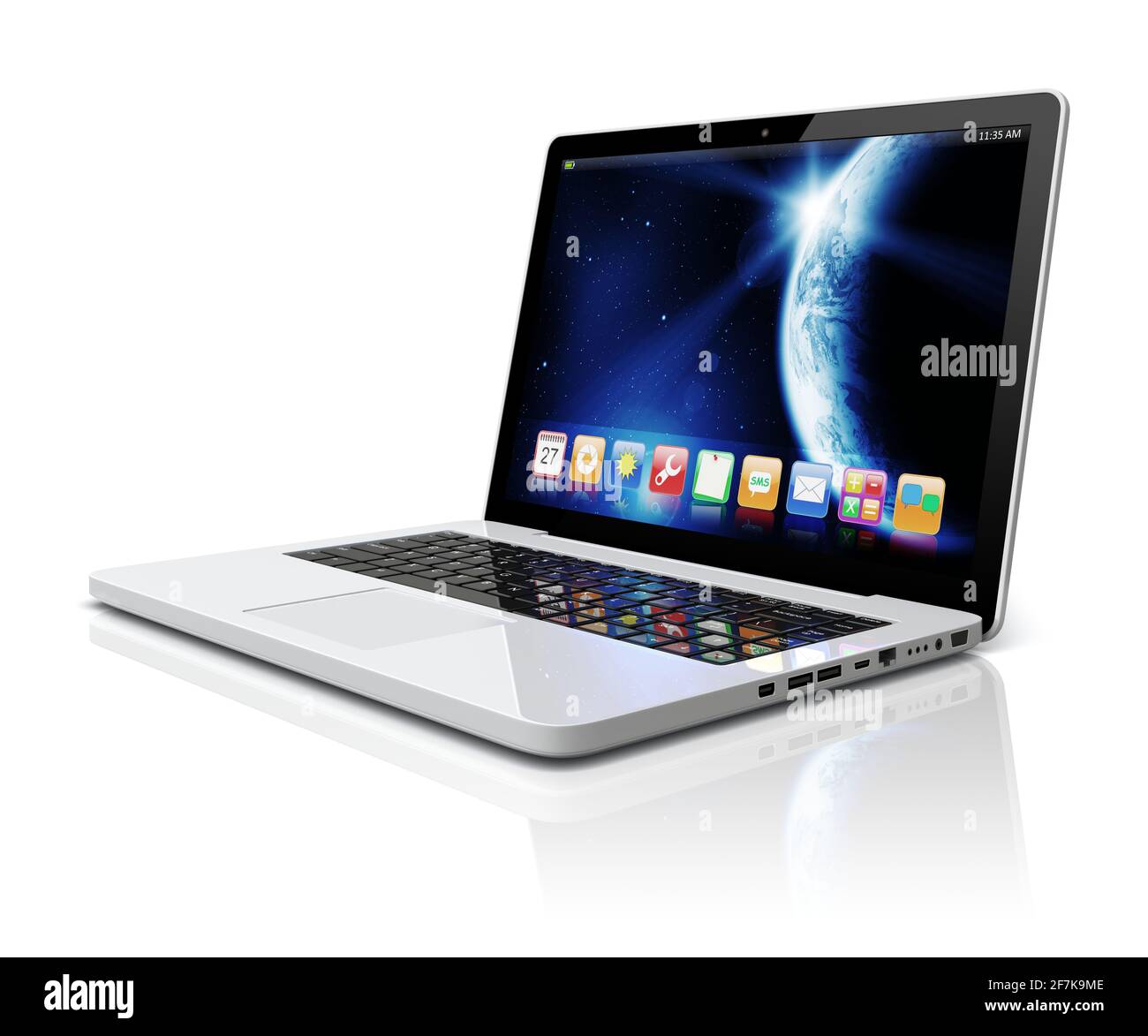 Notebook con sfondo Space Dawn e app su schermo. La texture terrestre di questa immagine fornita dalla NASA. (http://visibleearth.nasa.gov/view.php?id=57 Foto Stock