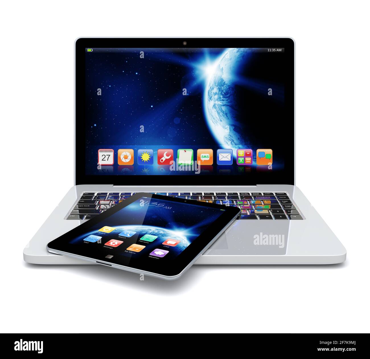 Computer laptop e tablet pc con sfondo Space Dawn e app su schermo. La texture terrestre di questa immagine fornita dalla NASA. (http://visibleearth. Foto Stock