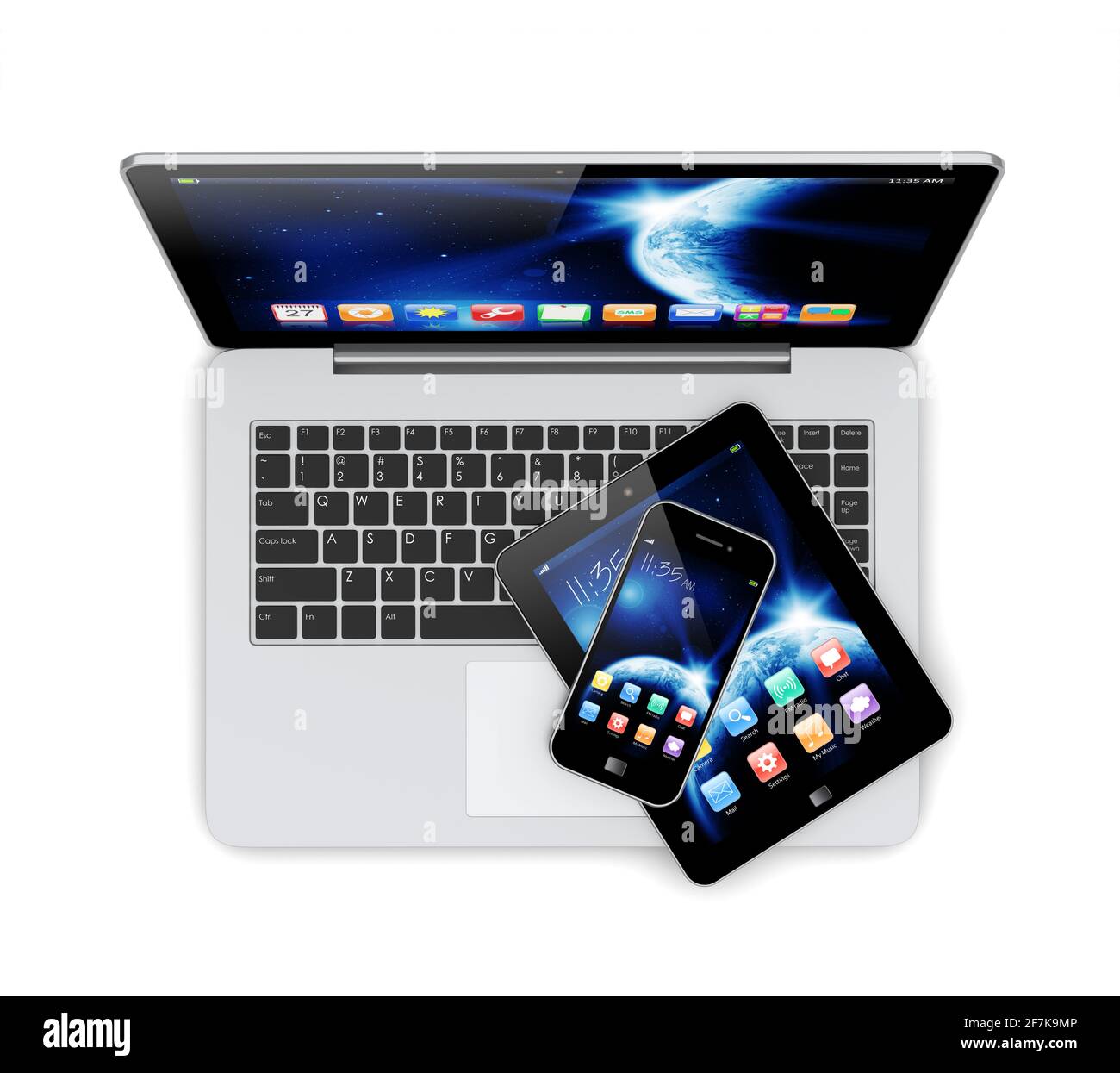 Computer portatile, tablet pc e smartphone mobile con sfondo Space Dawn e app sullo schermo. La texture terrestre di questa immagine fornita dalla NASA. (h Foto Stock