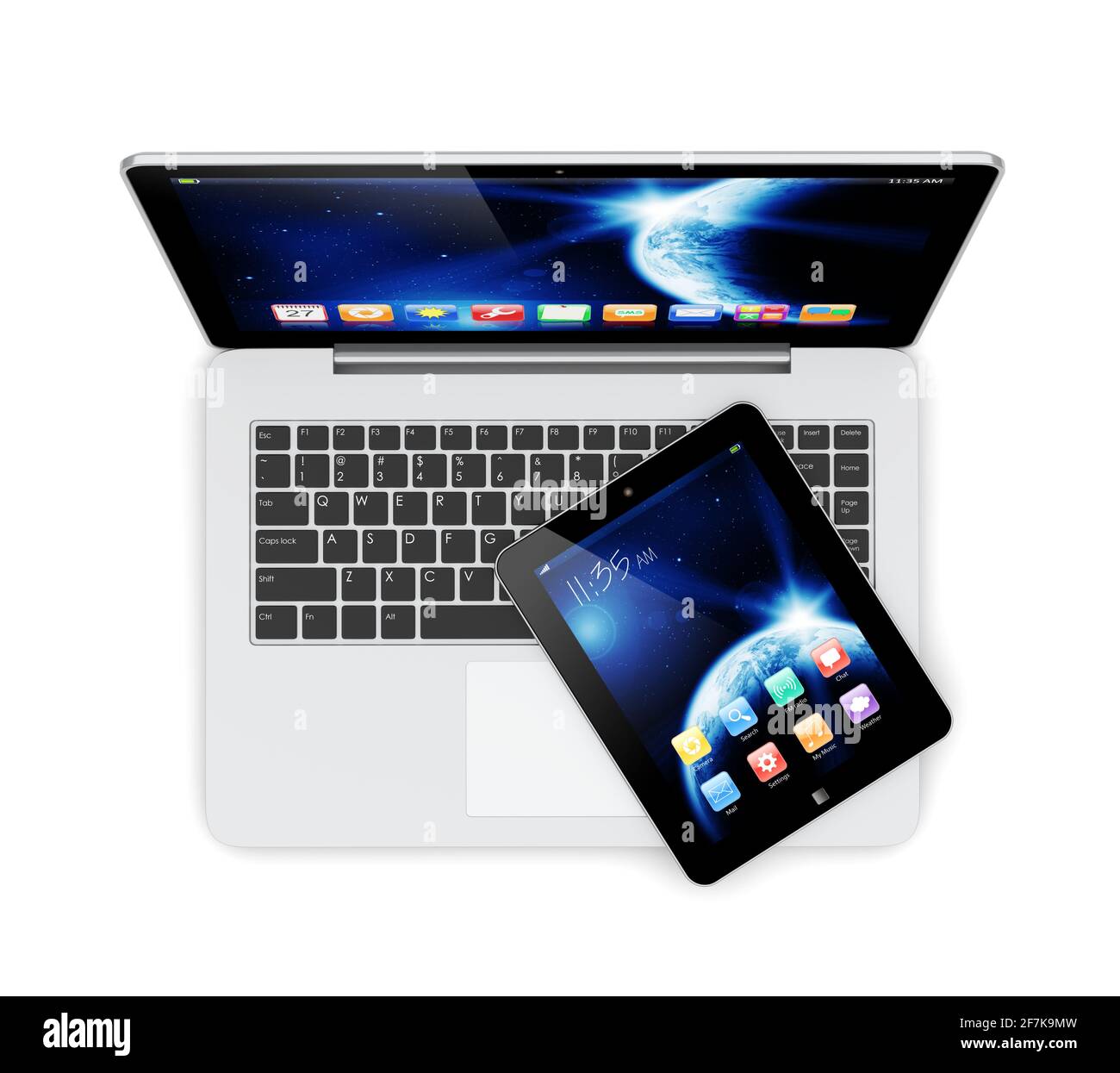 Computer laptop e tablet pc con sfondo Space Dawn e app su schermo. La texture terrestre di questa immagine fornita dalla NASA. (http://visibleearth. Foto Stock