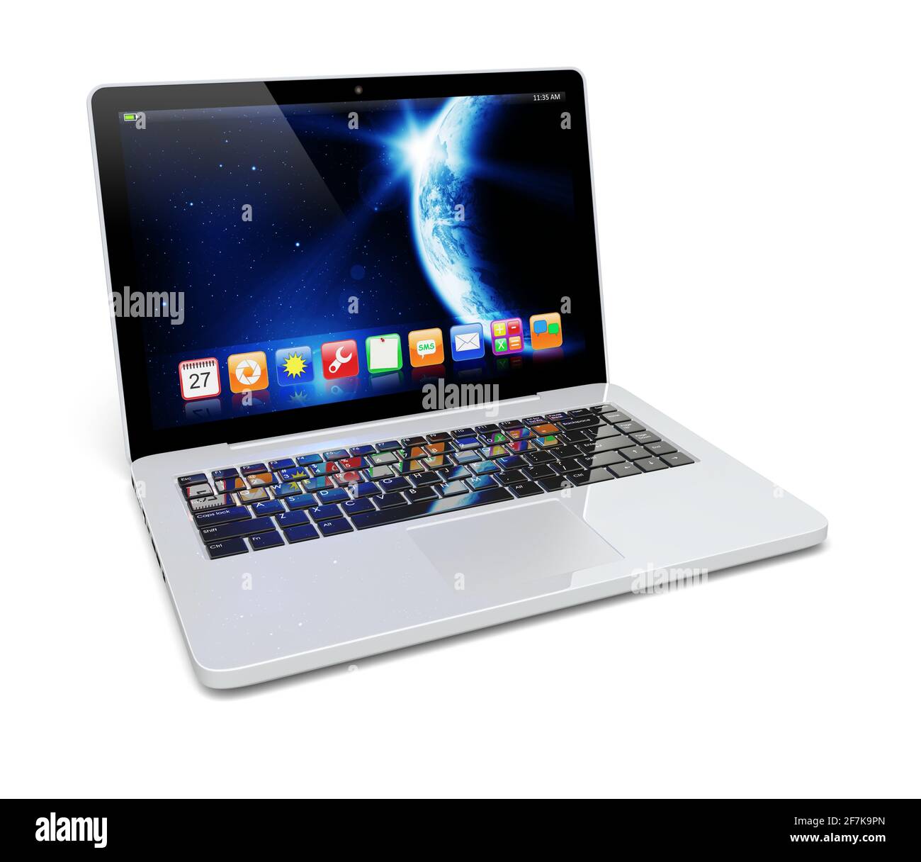 Notebook con sfondo Space Dawn e app su schermo. La texture terrestre di questa immagine fornita dalla NASA. (http://visibleearth.nasa.gov/view.php?id=57 Foto Stock