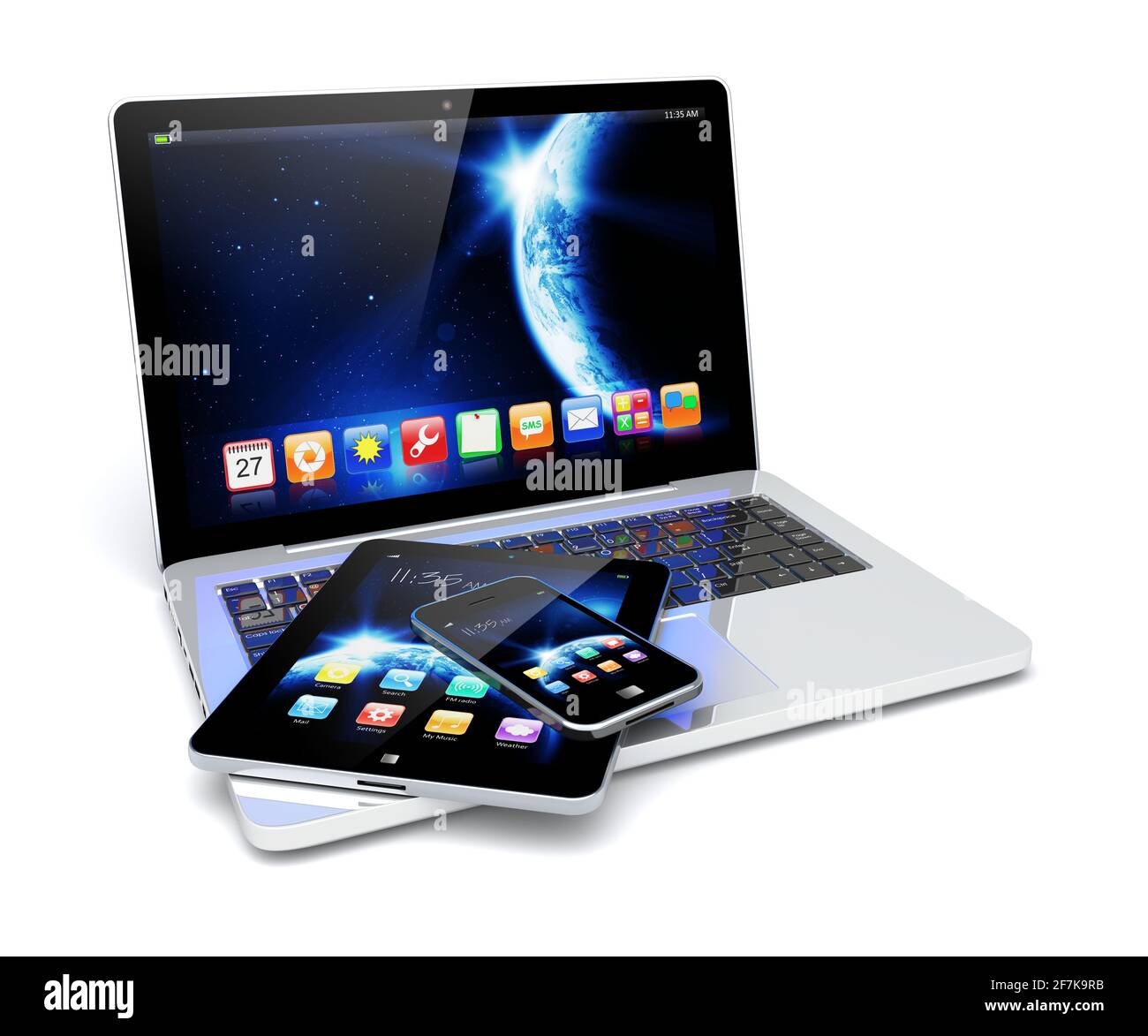 Computer portatile, tablet pc e smartphone mobile con sfondo Space Dawn e app sullo schermo. La texture terrestre di questa immagine fornita dalla NASA. (h Foto Stock