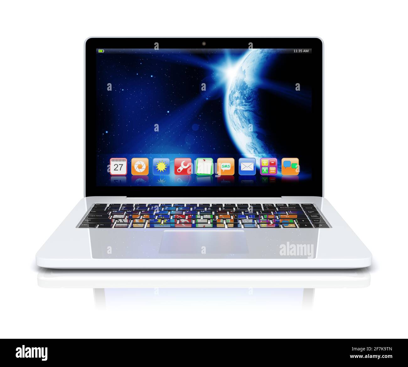 Notebook con sfondo Space Dawn e app su schermo. La texture terrestre di questa immagine fornita dalla NASA. (http://visibleearth.nasa.gov/view.php?id=57 Foto Stock