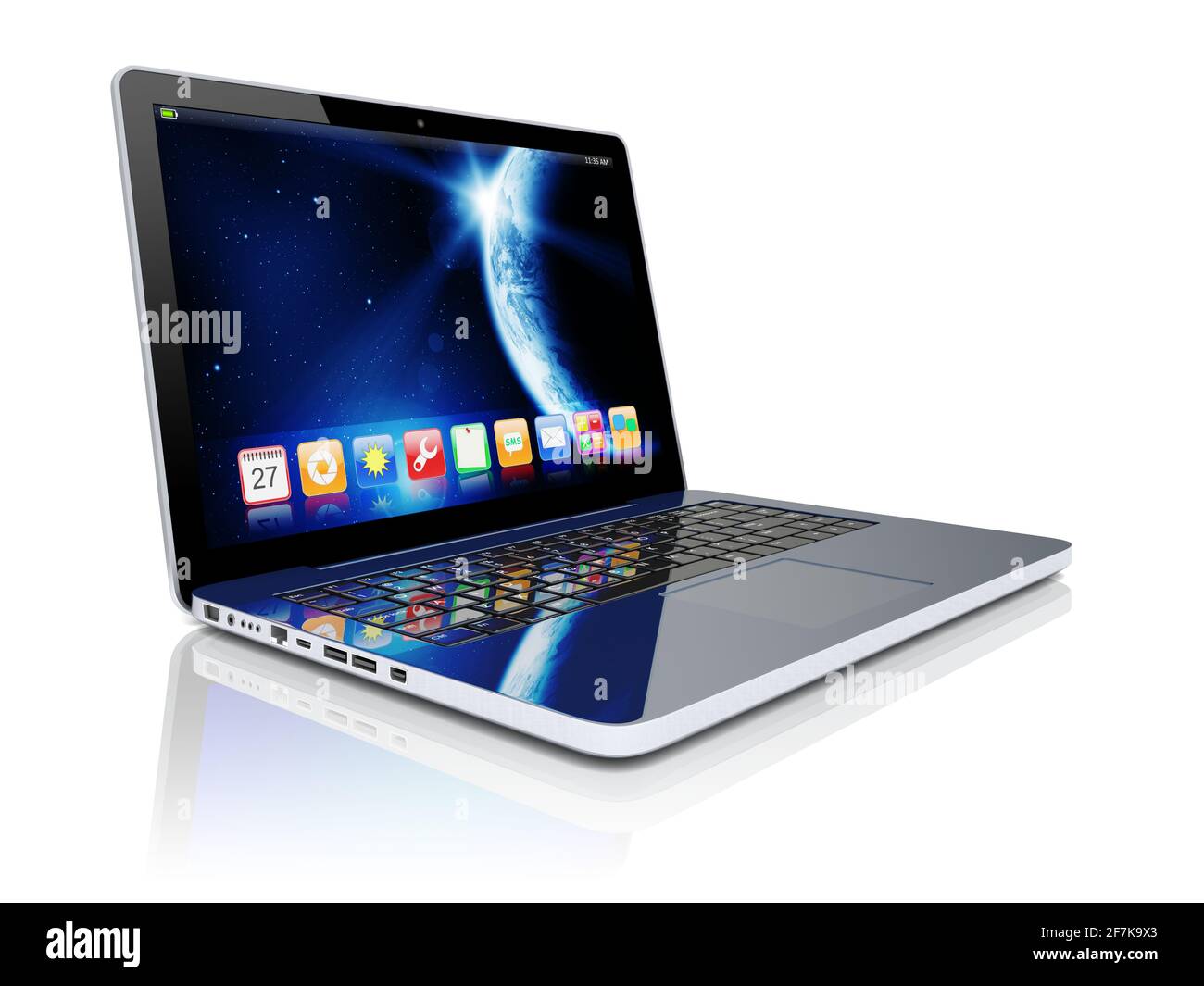 Notebook con sfondo Space Dawn e app su schermo. La texture terrestre di questa immagine fornita dalla NASA. (http://visibleearth.nasa.gov/view.php?id=57 Foto Stock