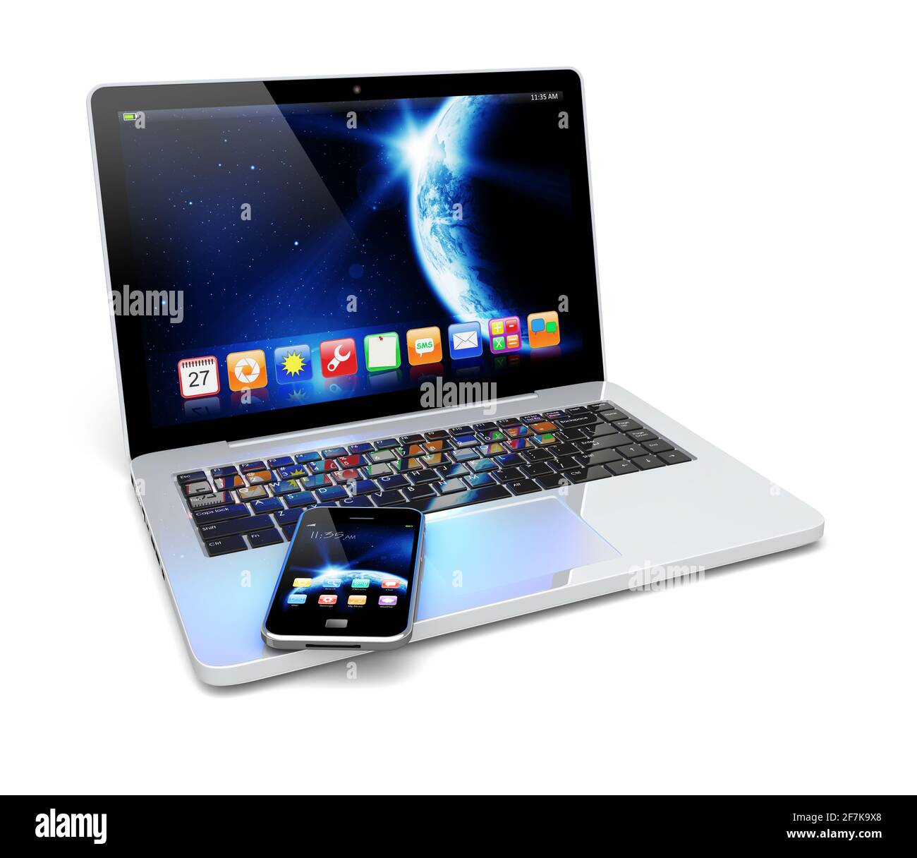 Notebook e smartphone mobile con sfondo Space Dawn e app su schermo. La texture terrestre di questa immagine fornita dalla NASA. (http://visibleearth.n Foto Stock